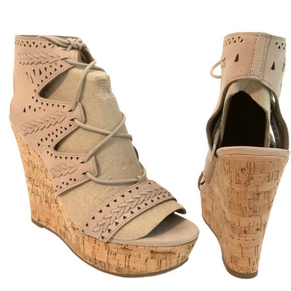 Marc Fisher Hosana Wedge Taupe Leather Lace-Up Platform Gladiator Sandal 10M - Picture 3 of 8